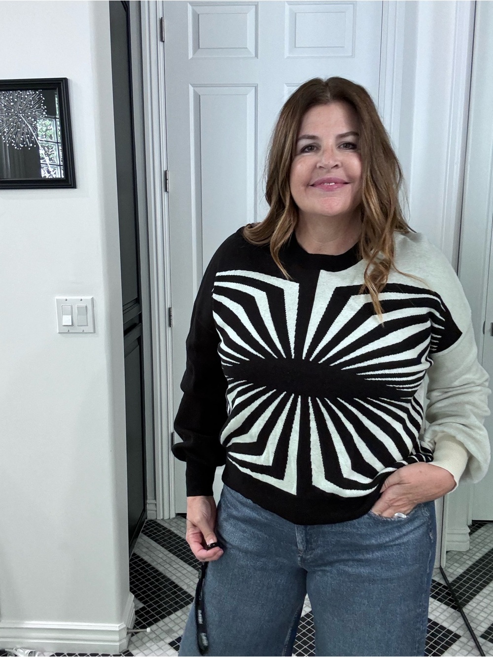 Black & Cream Graphic Crewneck Sweater - Women's - Picture 2 of 3